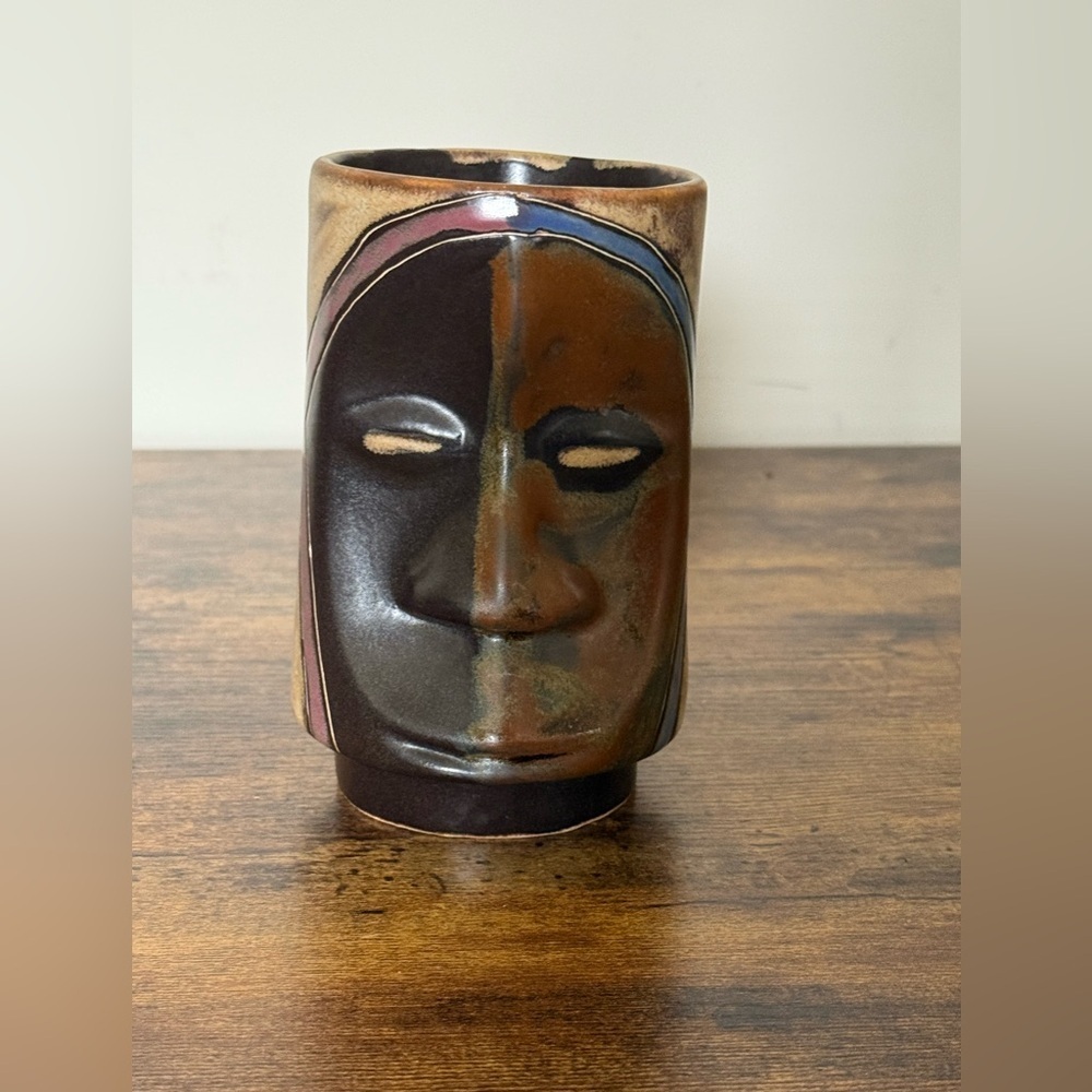 Mara Stoneware Sculpted Stein Mug Dark Mask Design Handmade in Mexico